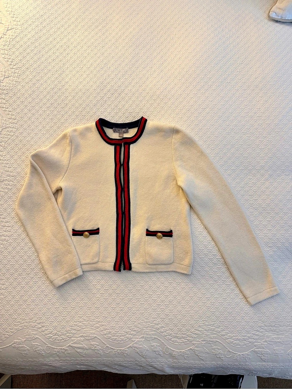 J.Crew Sweater Lady Jacket in Stripe Cardigan Cream, Navy and Red